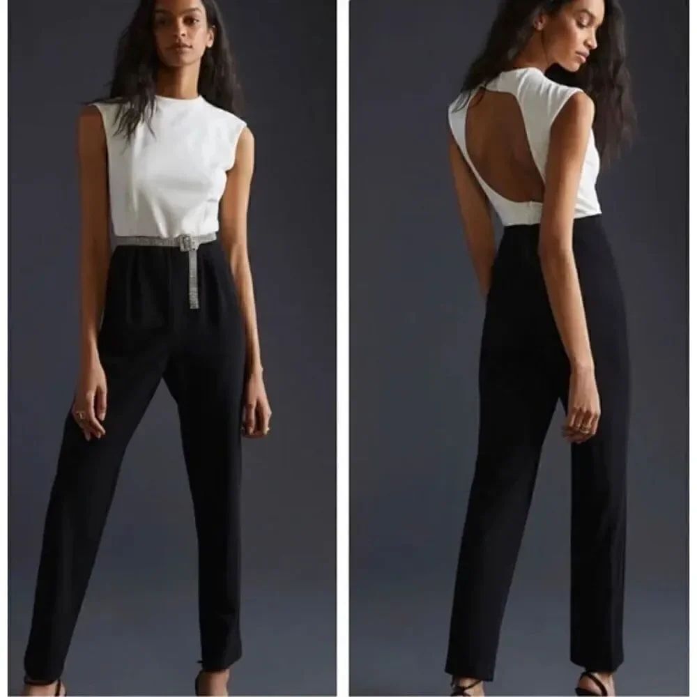 Anthropologie -Hutch Open Back Jumpsuit White Black  size 8
